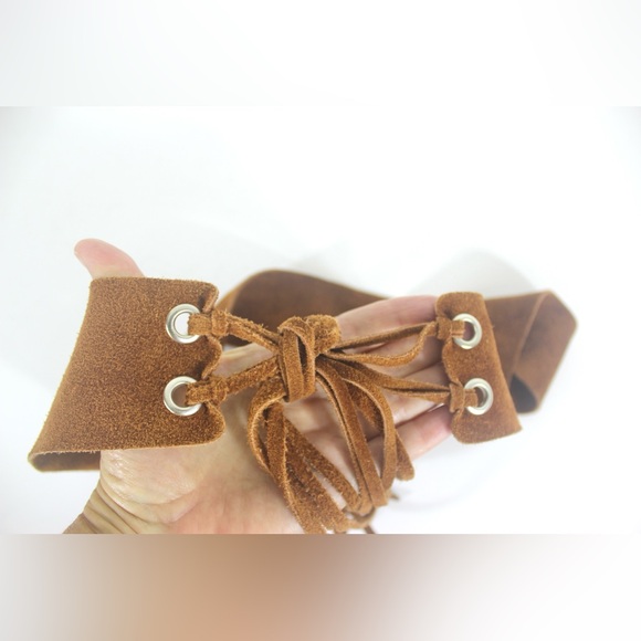 70’s Rust Brown Suede Leather Tie Belt with Long Fringe Small S M Medium Wide - Picture 4 of 6